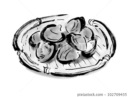 Japanese-style hand-drawn illustration of clams on a colander 102709435