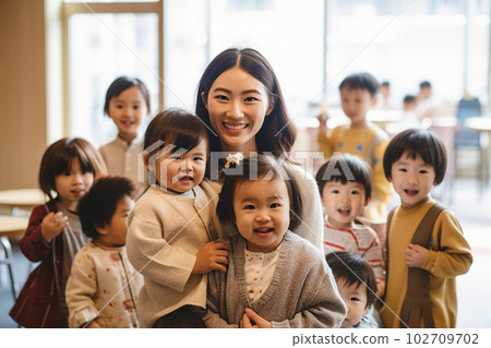 Female nursery teacher and children: AI-generated image 102709702