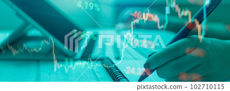 graph and indicator, red and green candlestick chart on blue theme screen, market volatility, up and down trend. Stock trading, crypto currency background. graph and indicator, red and green candlestick chart on blue theme screen, market volatility, up and down trend. Stock trading, crypto currency background. 102710115