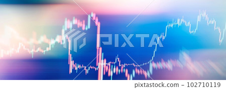graph and indicator, red and green candlestick chart on blue theme screen, market volatility, up and down trend. Stock trading, crypto currency background. 102710119