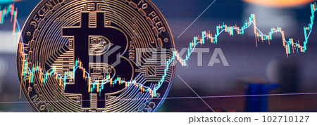 Chart shows a strong increase in the price of bitcoin. Investing in virtual assets. Investment platform with charts and bitcoin coin. Chart shows a strong increase in the price of bitcoin. Investing in virtual assets. Investment platform with charts and bitcoin coin. 102710127