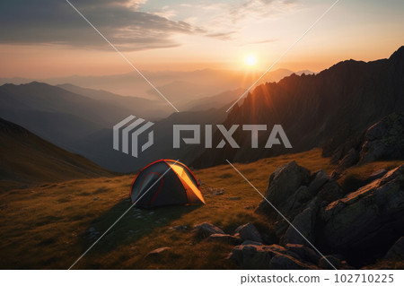 Relax and unwind amidst the natural beauty of the mountains with this stunning tent at sunset is AI Generative. Relax and unwind amidst the natural beauty of the mountains with this stunning tent at sunset is AI Generative. 102710225