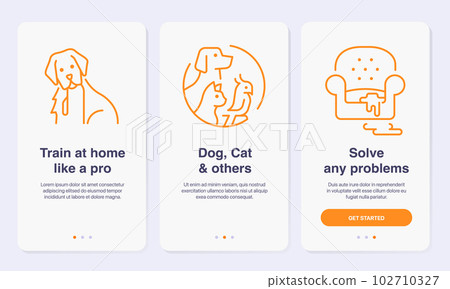 Pets training concept onboarding app screens. Simplified walkthrough screens for mobile apps. 102710327