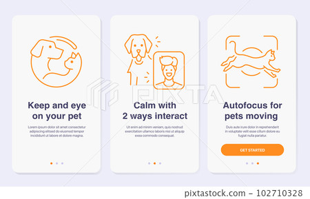 Pets video call concept onboarding app screens. Simplified walkthrough screens for mobile apps. 102710328