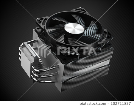 CPU cooler with heatpipes on black background. 102711827