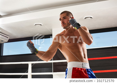 Boxer in blue gloves warming up in the gym Boxer in blue gloves warming up in the gym 102712570