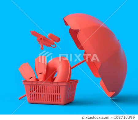 Colorful luggage with beach accessories and shopping basket on monochrome 102713399