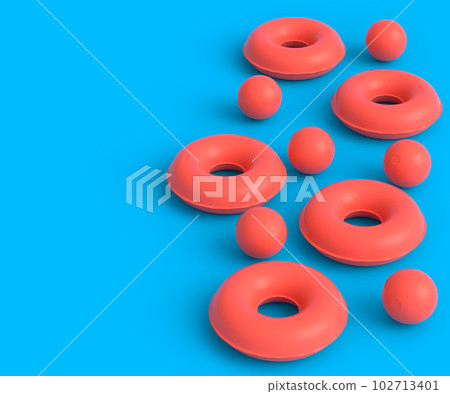 Colorful inflatable rings and balls on monochrome background, summer vacation 102713401