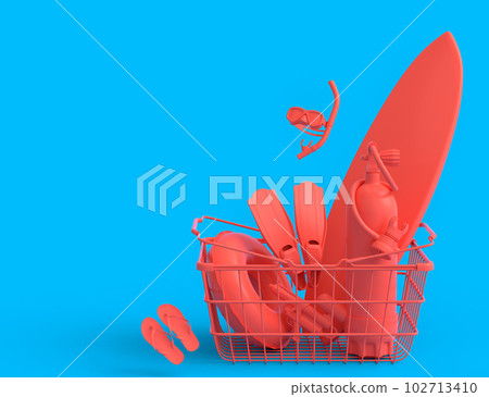 Colorful luggage with beach accessories and shopping basket on monochrome Colorful luggage with beach accessories and shopping basket on monochrome 102713410