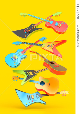 Set of electric acoustic guitars isolated on multicolor background. 102713414