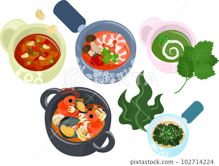 各種美味的湯圖標，如辣椒豆、冬陰功、Moroheiya 和法式海鮮湯 102714224