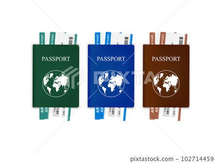 Passport with tickets stacked inside. International document. Air travel and tourism concept. Isolated on white background. 3D vector EPS10 illustration. For advertising design. Passport with tickets stacked inside. International document. Air travel and tourism concept. Isolated on white background. 3D vector EPS10 illustration. For advertising design. 102714459