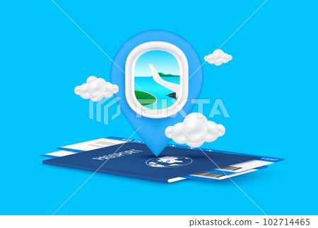 Flight window with location pin and cloud on passport air ticket. Travel banner design. Can for making advertising media about tourism. Travel transport concept. 3D Vector EPS10 illustration. Flight window with location pin and cloud on passport air ticket. Travel banner design. Can for making advertising media about tourism. Travel transport concept. 3D Vector EPS10 illustration. 102714465