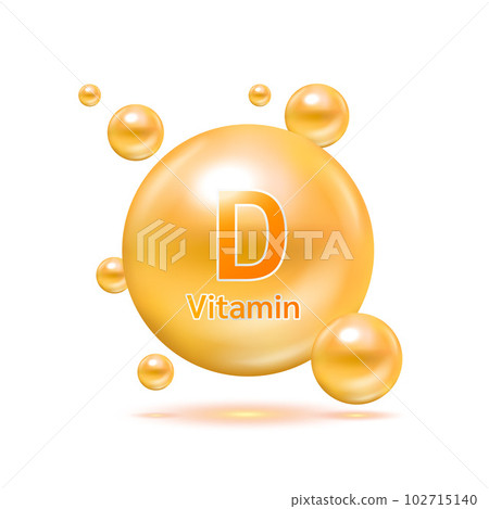 Orange vitamin D icon. Pill capsule on white isolated background. Skincare business concept. Healthy food supplement. 3D vector illustration. 102715140