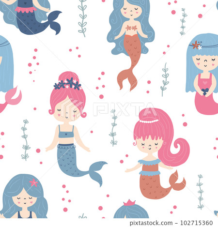 Mermaid seamless pattern. Vector illustrations of cute fantastic girls characters. Colorful palette Mermaid seamless pattern. Vector illustrations of cute fantastic girls characters. Colorful palette 102715360