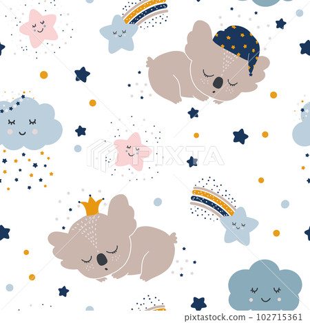 Seamless childrens hand-drawn pattern with cute sleeping koalas, clouds, moons and stars. Seamless childrens hand-drawn pattern with cute sleeping koalas, clouds, moons and stars. 102715361
