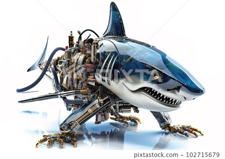 Image of a shark modified into a robot on a white background. underwater animals. illustration, generative AI. 102715679