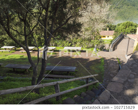 Picnic resting area with bench and tables in mist laurisilva forest at the Garajonay National Park hiking trail El Cedro, La Gomera, Canary Islands, Spain. Picnic resting area with bench and tables in mist laurisilva forest at the Garajonay National Park hiking trail El Cedro, La Gomera, Canary Islands, Spain. 102715829