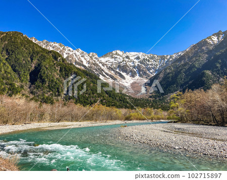 Mt. Karasawa in the Northern Alps during the remaining snow season Mt. Okuhotaka seen from Kamikochi 102715897