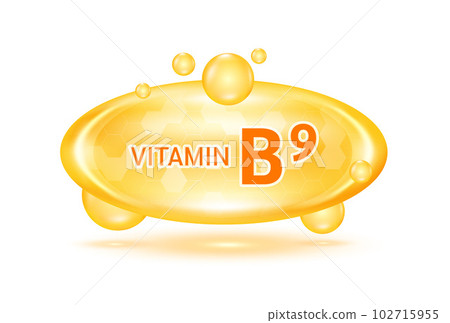 Vitamin B9 and minerals complex. Glossy vitamins pills capsules orange. Pill, Healthy food supplement. Medical scientific and healthcare concept. Isolated on white background 3D Vector EPS10. 102715955