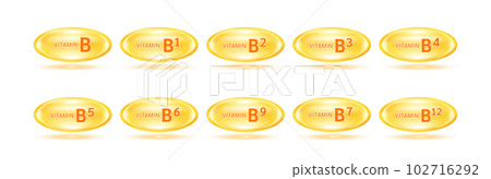 Vitamins and minerals complex set. Glossy vitamins pills capsules orange. Pill, Healthy food supplement. Medical scientific and healthcare concept. Isolated on white background 3D Vector EPS10. 102716292