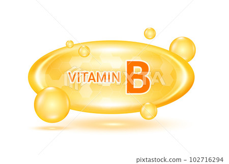Vitamin B and minerals complex. Glossy vitamins pills capsules orange. Pill, Healthy food supplement. Medical scientific and healthcare concept. Isolated on white background 3D Vector EPS10. 102716294