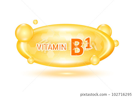 Vitamin B1 and minerals complex. Glossy vitamins pills capsules orange. Pill, Healthy food supplement. Medical scientific and healthcare concept. Isolated on white background 3D Vector EPS10. Vitamin B1 and minerals complex. Glossy vitamins pills capsules orange. Pill, Healthy food supplement. Medical scientific and healthcare concept. Isolated on white background 3D Vector EPS10. 102716295