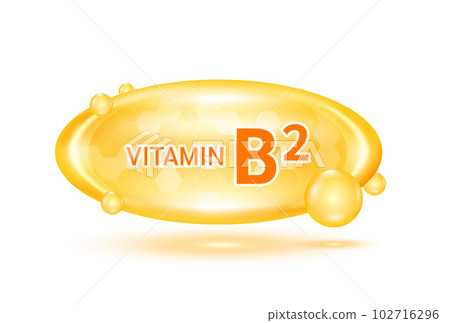 Vitamin B2 and minerals complex. Glossy vitamins pills capsules orange. Pill, Healthy food supplement. Medical scientific and healthcare concept. Isolated on white background 3D Vector EPS10. 102716296
