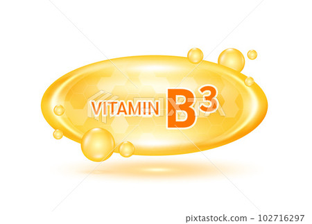 Vitamin B3 and minerals complex. Glossy vitamins pills capsules orange. Pill, Healthy food supplement. Medical scientific and healthcare concept. Isolated on white background 3D Vector EPS10. Vitamin B3 and minerals complex. Glossy vitamins pills capsules orange. Pill, Healthy food supplement. Medical scientific and healthcare concept. Isolated on white background 3D Vector EPS10. 102716297