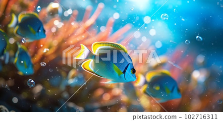 Tropical sea underwater fishes on coral reef. Aquarium oceanarium wildlife colorful marine panorama landscape nature snorkeling diving Tropical sea underwater fishes on coral reef. Aquarium oceanarium wildlife colorful marine panorama landscape nature snorkeling diving 102716311