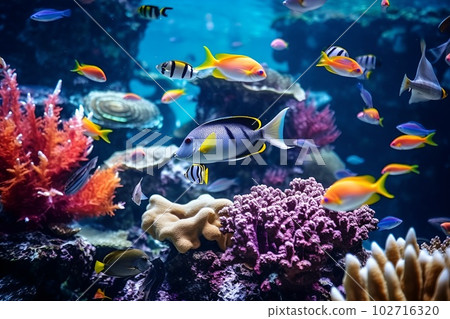 Tropical sea underwater fishes on coral reef. Aquarium oceanarium wildlife colorful marine panorama landscape nature snorkeling diving Tropical sea underwater fishes on coral reef. Aquarium oceanarium wildlife colorful marine panorama landscape nature snorkeling diving 102716320