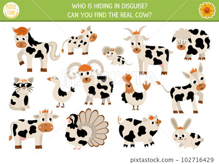 On the farm hide and seek game. Farm matching activity for kids. Rural village seek and find worksheet. Simple printable game with cute animals. Who is hiding in disguise. Find the real cow On the farm hide and seek game. Farm matching activity for kids. Rural village seek and find worksheet. Simple printable game with cute animals. Who is hiding in disguise. Find the real cow 102716429