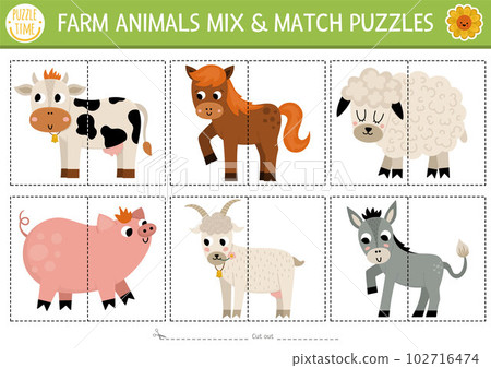 Vector on the farm mix and match puzzle with cute farm animals. Matching rural countryside activity for preschool kids. Educational printable game with cow, pig, goat, donkey, horse, sheep. 102716474