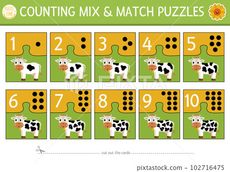 Vector on the farm mix and match puzzle with cute cow and spots. Matching math activity for preschool children. Educational printable counting match up game for kids with farm animal 102716475