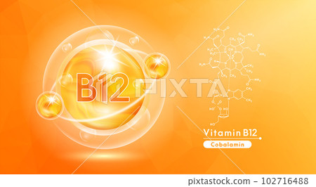 Vitamin B12 orange and structure. Pill vitamins complex and bubble collagen serum chemical formula. Beauty treatment nutrition skin care design. Medical and scientific concepts. 3D Vector EPS10. Vitamin B12 orange and structure. Pill vitamins complex and bubble collagen serum chemical formula. Beauty treatment nutrition skin care design. Medical and scientific concepts. 3D Vector EPS10. 102716488