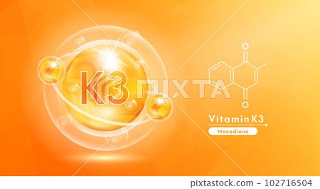 Vitamin K3 orange and structure. Pill vitamins complex and bubble collagen serum chemical formula. Beauty treatment nutrition skin care design. Medical and scientific concepts. 3D Vector EPS10. Vitamin K3 orange and structure. Pill vitamins complex and bubble collagen serum chemical formula. Beauty treatment nutrition skin care design. Medical and scientific concepts. 3D Vector EPS10. 102716504