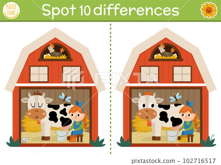 Find differences game for children. On the farm educational activity with cute barn house, girl milking cow. Farm puzzle for kids with rural farm shed. Village printable worksheet or page Find differences game for children. On the farm educational activity with cute barn house, girl milking cow. Farm puzzle for kids with rural farm shed. Village printable worksheet or page 102716517