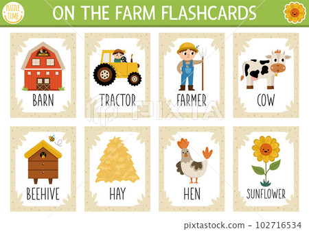 Vector on the farm flash cards set. English language game with cute barn, tractor, farmer for kids. Rural countryside flashcards with animals. Simple educational printable worksheet. Vector on the farm flash cards set. English language game with cute barn, tractor, farmer for kids. Rural countryside flashcards with animals. Simple educational printable worksheet. 102716534