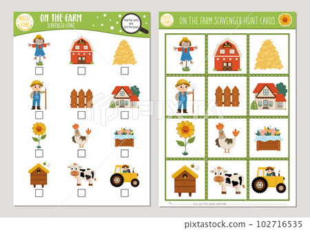 Vector on the farm scavenger hunt cards set. Seek and find game with cute barn, farmer, cow for kids. Rural countryside searching activity. Simple educational printable worksheet 102716535