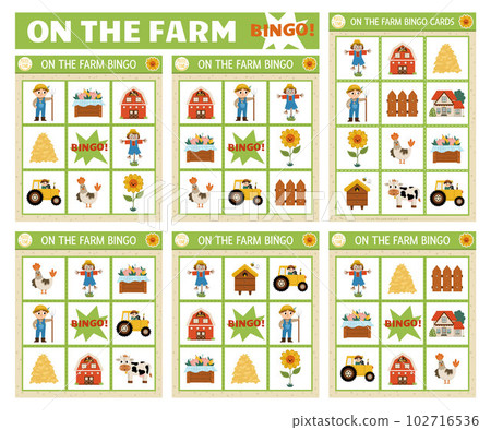 Vector on the farm bingo cards set. Fun family lotto board game with cute barn, farmer, cow, animals for kids. Rural countryside lottery activity. Simple educational printable worksheet. 102716536