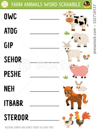 Vector farm animals word scramble activity page. English language game with cow, pig, goat for kids. Rural countryside family quiz with hen and rooster. Educational printable worksheet. 102716537