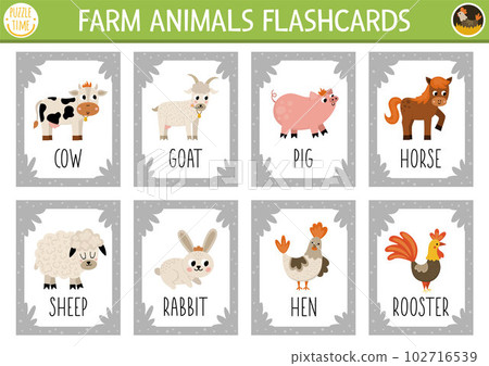 Vector flash cards set with farm animals. English language game with cute cow, horse, goat, pig for kids. Rural countryside on the farm flashcards. Simple educational printable worksheet. 102716539