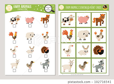Vector farm animals scavenger hunt cards set. Seek and find game with cute goat, pig, horse, cow for kids. Rural countryside searching activity. Simple educational printable worksheet Vector farm animals scavenger hunt cards set. Seek and find game with cute goat, pig, horse, cow for kids. Rural countryside searching activity. Simple educational printable worksheet 102716541