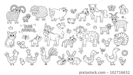 Big black and white vector farm animals set. Big collection with cow, horse, goat, sheep, duck, hen, pig and their babies. Country outline bird illustration pack. Cute mother and baby line icons Big black and white vector farm animals set. Big collection with cow, horse, goat, sheep, duck, hen, pig and their babies. Country outline bird illustration pack. Cute mother and baby line icons 102716632