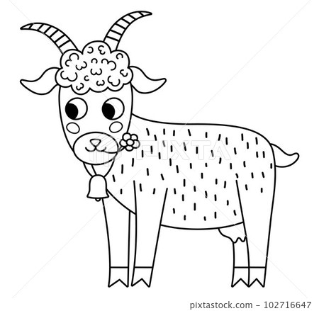 Vector black and white goat icon. Cute cartoon line illustration for kids. Farm animal isolated on white background. Colorful cattle picture or coloring page for children Vector black and white goat icon. Cute cartoon line illustration for kids. Farm animal isolated on white background. Colorful cattle picture or coloring page for children 102716647