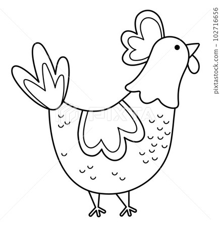 Vector black and white hen icon. Cute cartoon chicken illustration for kids. Outline farm bird isolated on white background. Animal picture or coloring page for children Vector black and white hen icon. Cute cartoon chicken illustration for kids. Outline farm bird isolated on white background. Animal picture or coloring page for children 102716656