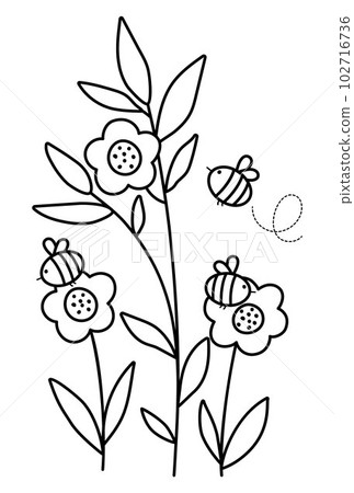 Vector black and white flowers with bees. Funny outline illustration or coloring page with bumblebees pollinating plants. Honey insects with greenery line icon. Vector black and white flowers with bees. Funny outline illustration or coloring page with bumblebees pollinating plants. Honey insects with greenery line icon. 102716736