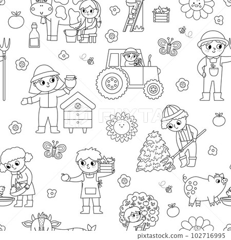 Vector black and white seamless pattern with farmers. Outline repeat background with kids doing agricultural work. Rural country digital paper. Farm coloring page with boys and girls Vector black and white seamless pattern with farmers. Outline repeat background with kids doing agricultural work. Rural country digital paper. Farm coloring page with boys and girls 102716995