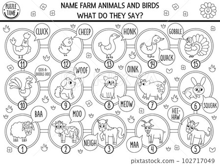 Black and white board game for children with farm animals, birds and their sounds. Countryside line boardgame.  Rural country activity or coloring page. Name the animals, say moo, baa, oink 102717049