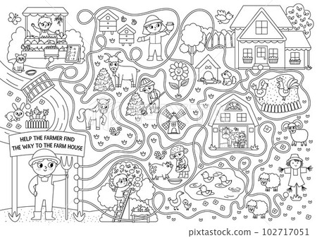 Black and white farm maze for kids with rural village landscape, animals, barn, cottage. Country side line preschool printable activity. Labyrinth coloring page. Help the farmer find the way to Black and white farm maze for kids with rural village landscape, animals, barn, cottage. Country side line preschool printable activity. Labyrinth coloring page. Help the farmer find the way to 102717051
